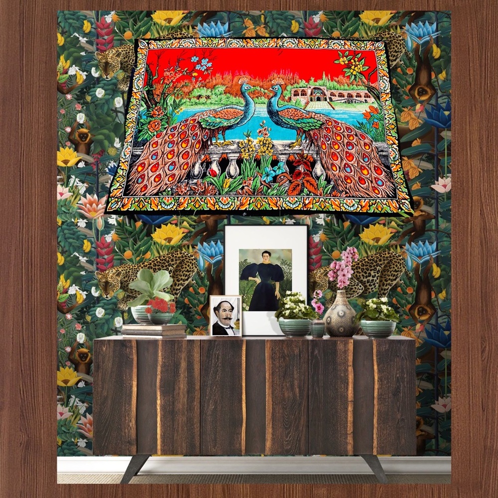 Vintage Mid Century Turkish Peacock/Garden Tapestry Wall Hanging art birds